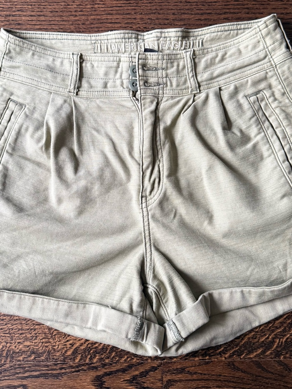 American Eagle Outfitters Light Olive High-Waist Pleated Rolled Hem Shorts